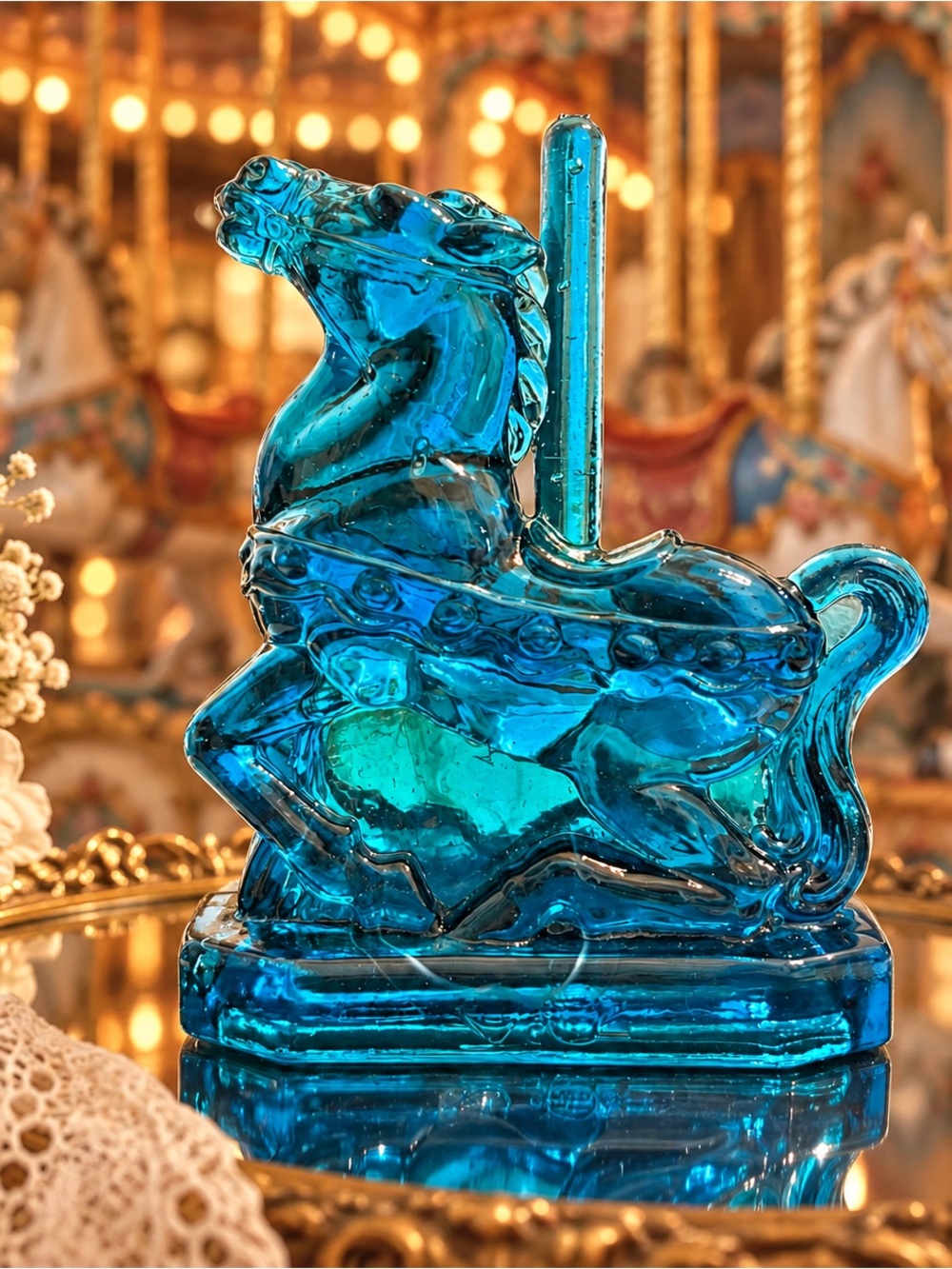 Vintage Boyd Glass Taffy Carousel Horse Blue Art Glass Figurine